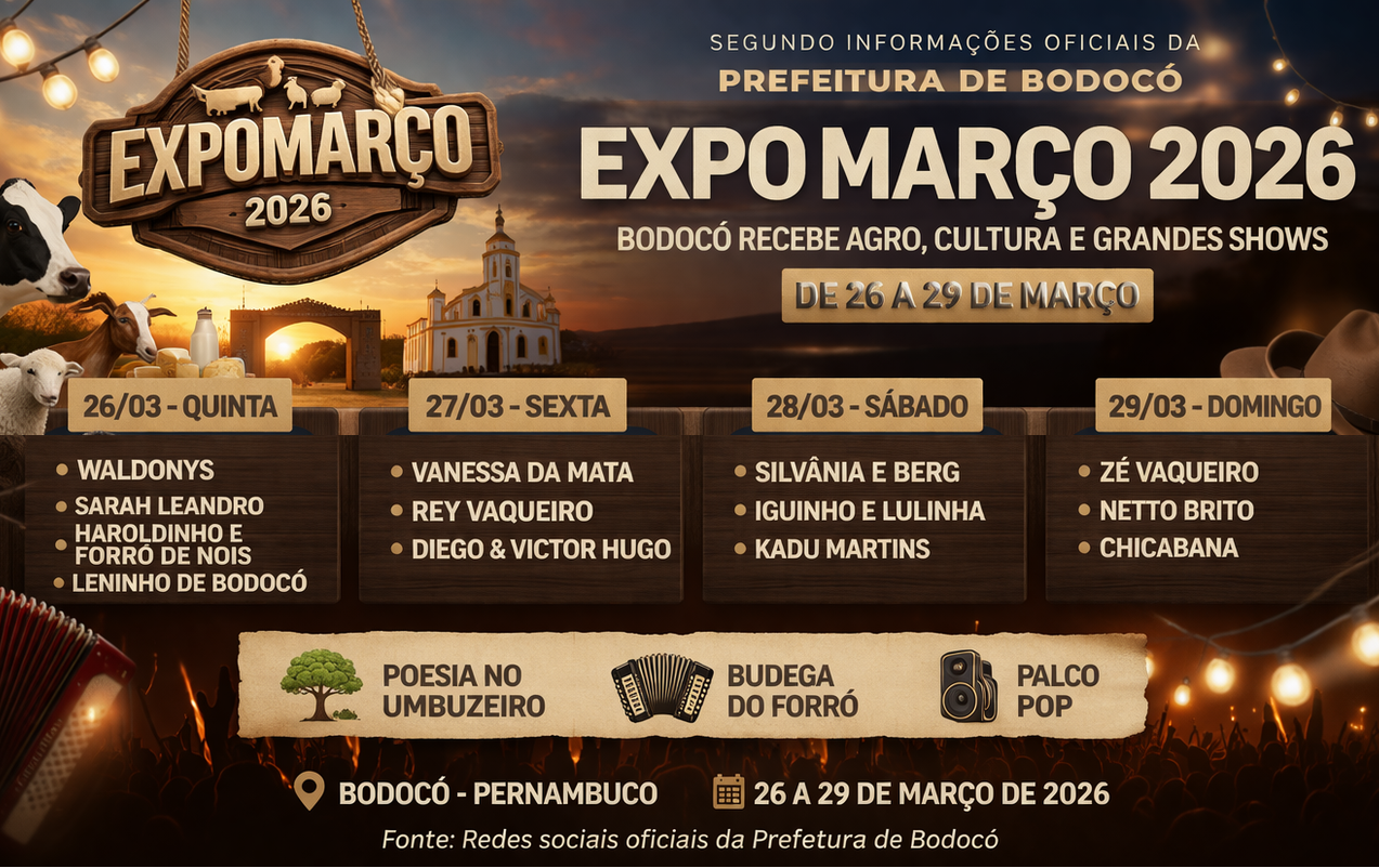 ExpoMarço 2026 em Bodocó: confira a programação completa com shows, agro e cultura