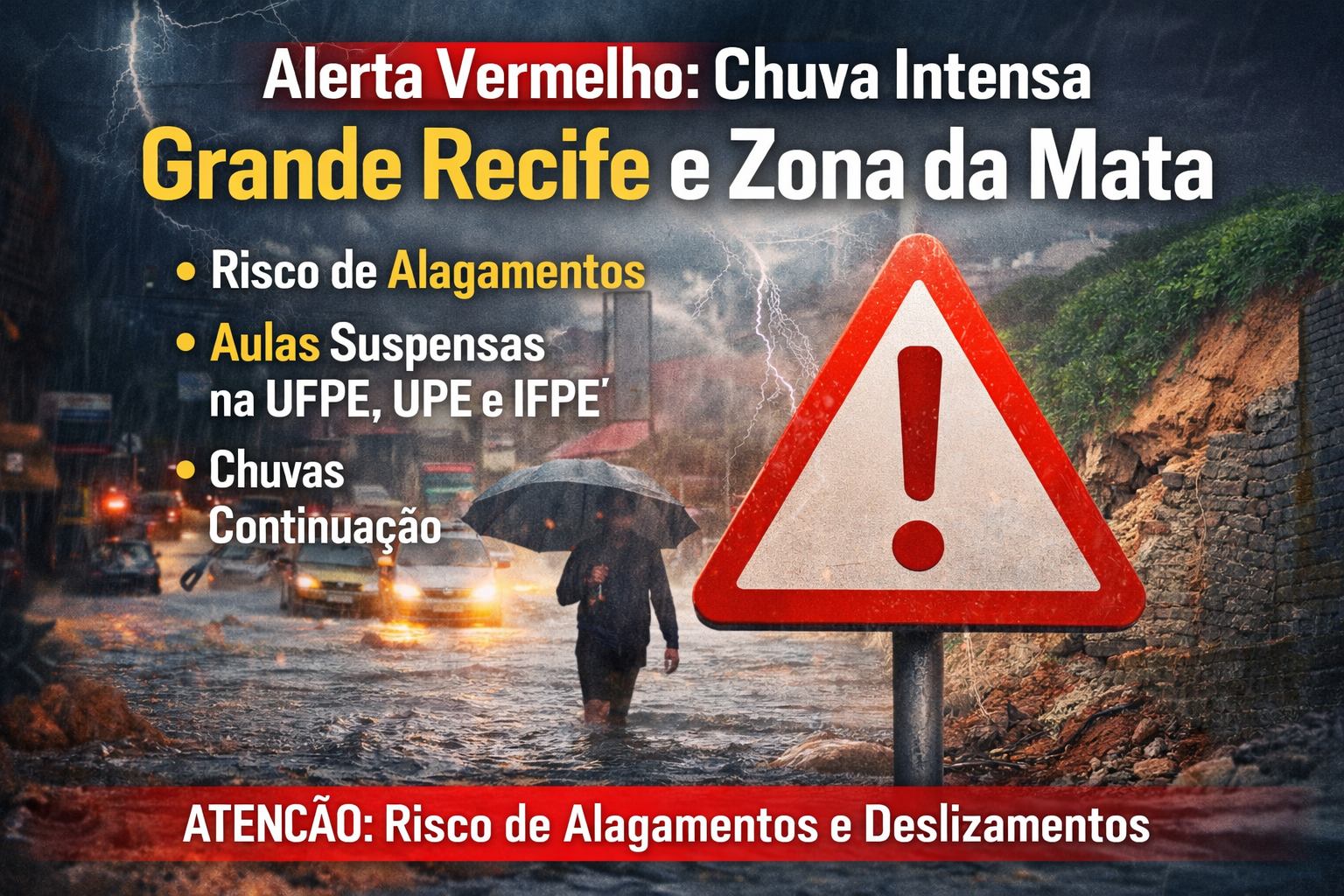 Alerta vermelho de chuvas atinge Grande Recife e Zona da Mata: aulas suspensas e risco elevado preocupa autoridades